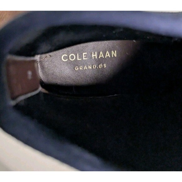 Cole Haan Laree Stretch Bootie Size 7 Navy Blue Suede Block Heel Logo Gold Trim - Picture 9 of 10